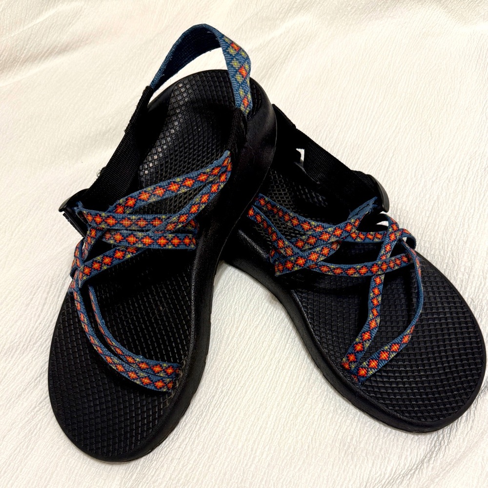 Chaco Black Sandals with Orange and Blue Straps